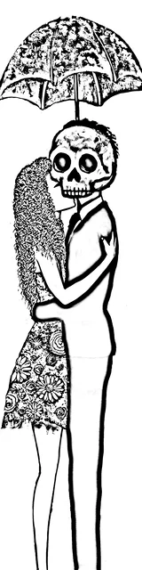 Free colorable bookmarks of a skull man and a woman under an umbrella